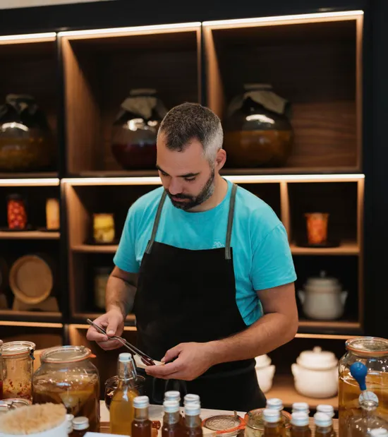 Man in apron preparing artisanal products at a gourmet food stall