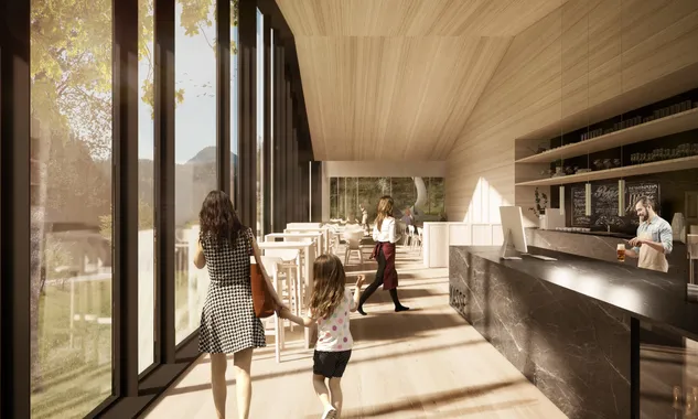 Modernes Café mit großen Fenstern, Holzmöbeln und Gästen an der Theke