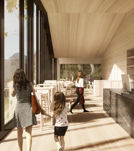Modernes Café mit großen Fenstern, Holzmöbeln und Gästen an der Theke