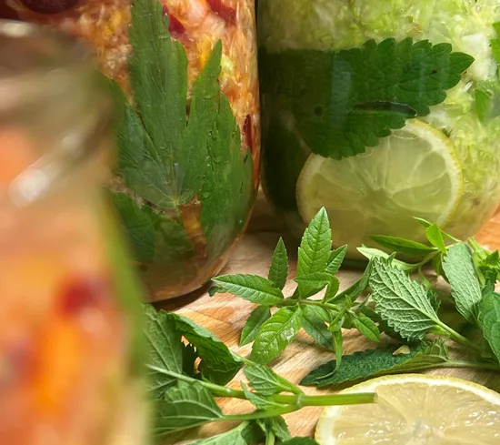 Fermented vegetables in jars with herbs and lemon slices on wooden surface