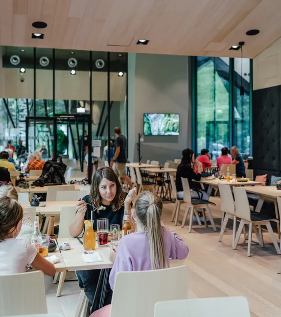 Modernes Café mit Gästen an Holztischen bei Tageslicht