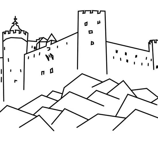 Strichzeichnung einer mittelalterlichen Burg auf einem Hügel mit umliegenden Berggipfeln