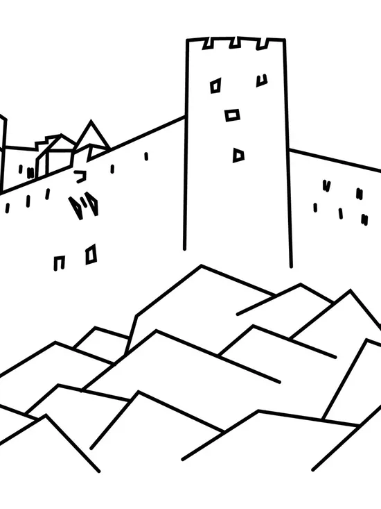 Line drawing of a medieval hilltop castle surrounded by mountain peaks